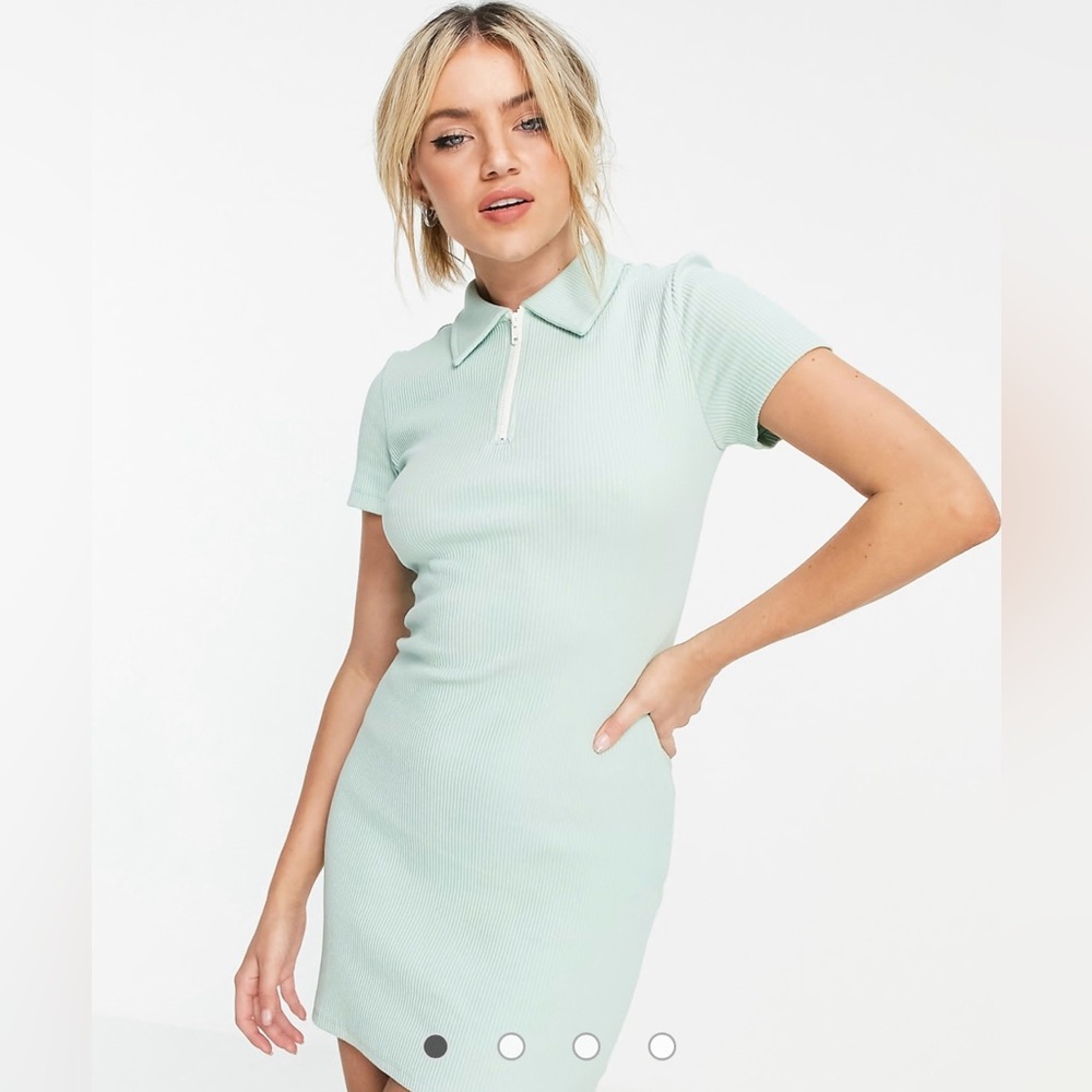 Urban Revivo Ribbed Polo Collar Mini Dress Mint Green Short-Sleeve Size 8 Preppy